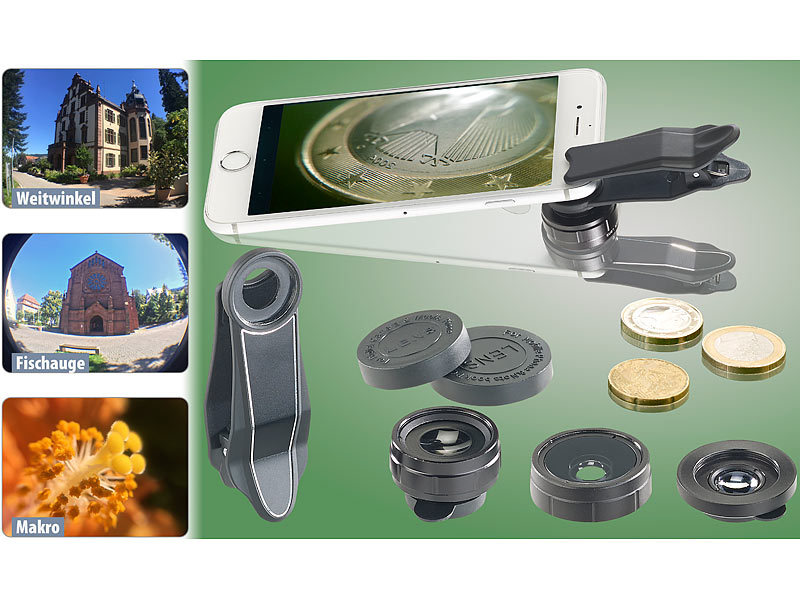 ; Foto- & Video Greenscreen, Vorsatz-Tele-Objektiv mit Smartphone-Stativ 