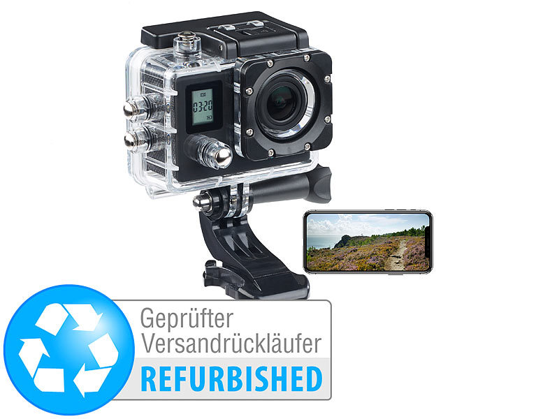 ; 4K-UHD-Camcorder mit Touch-Display, UHD-Action-Cams mit GPS und WLAN, wasserdicht 