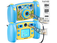 Somikon Kinder-Full-HD-Digitalkamera, 2. Objektiv für Selfies & 2 Sucher, blau; Unterwasser Kamera-Hüllen 